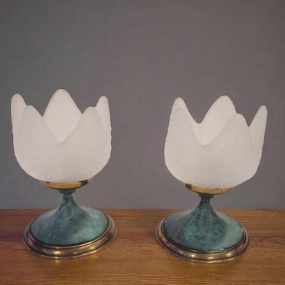 Tulip Lotus Flower Petal Tea Light Candle Holders Glass / Green Brass Stand VTG - Picture 1 of 9